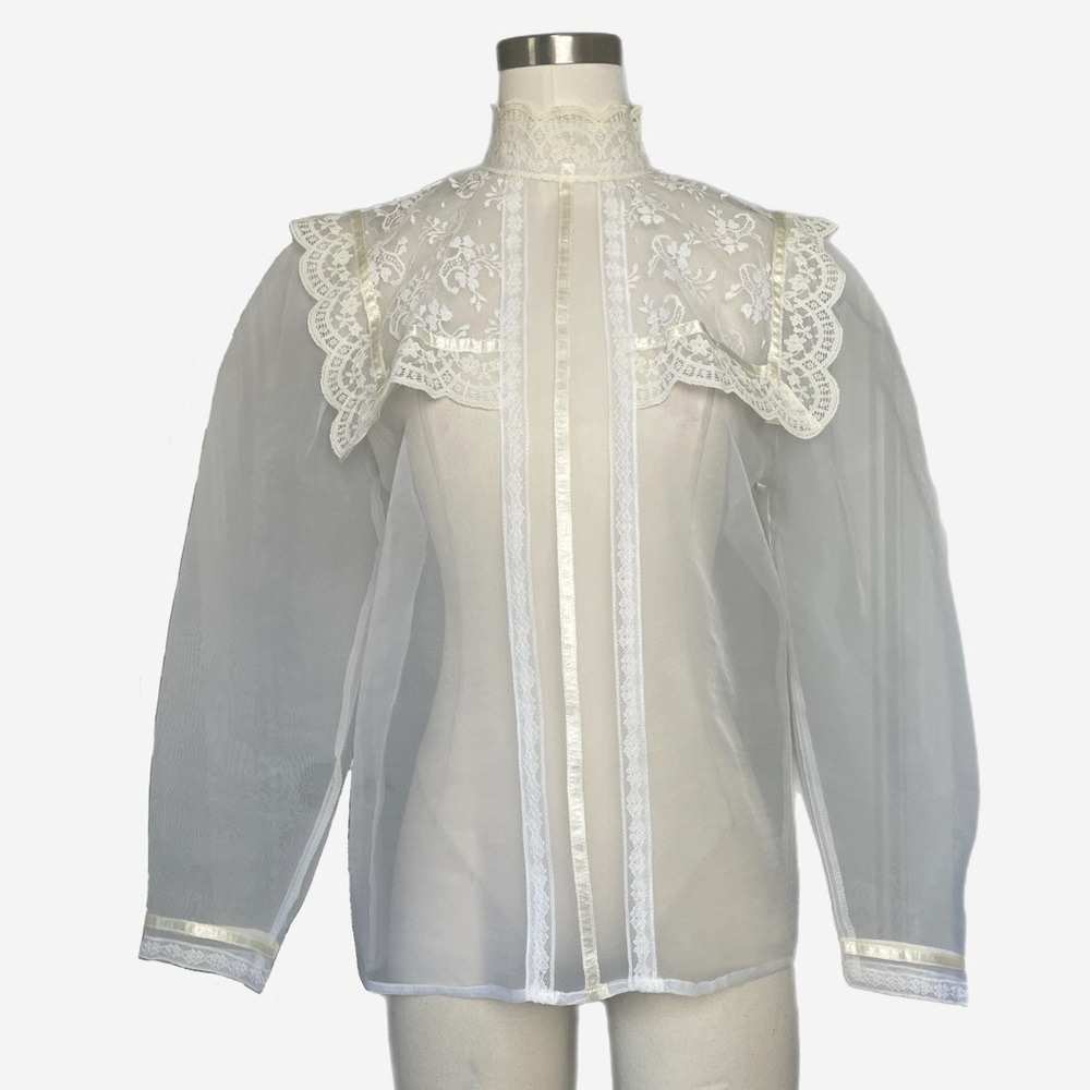 Vintage Gunne Sport white sheer organza lace cape collar blouse victorian S/M